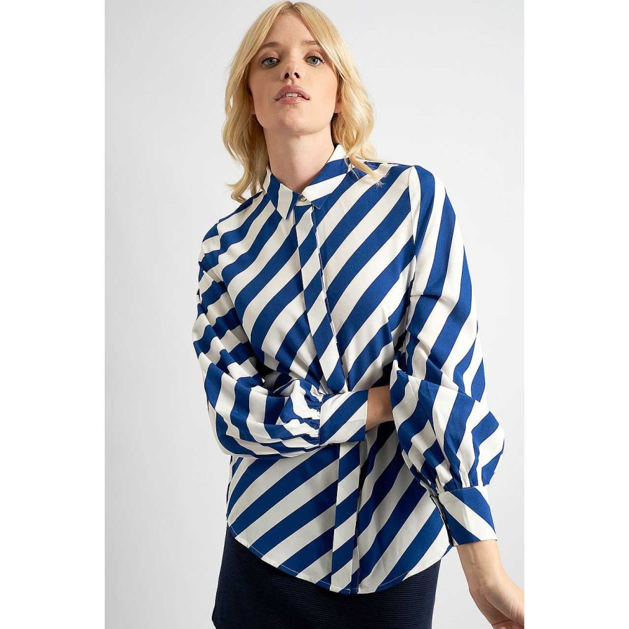 Clothing Louche | Byron Diagonal Lines Blouse Blue