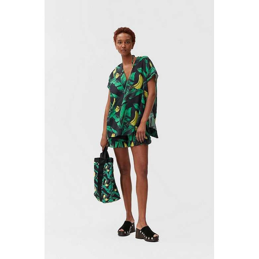 Clothing Ganni | Light Cotton Kaftan Banana Tree Black