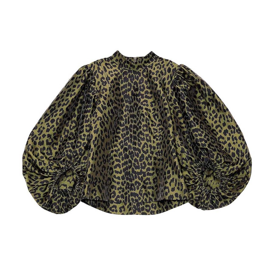 Clothing Ganni | Crispy Jacquard Blouse Olive Drape