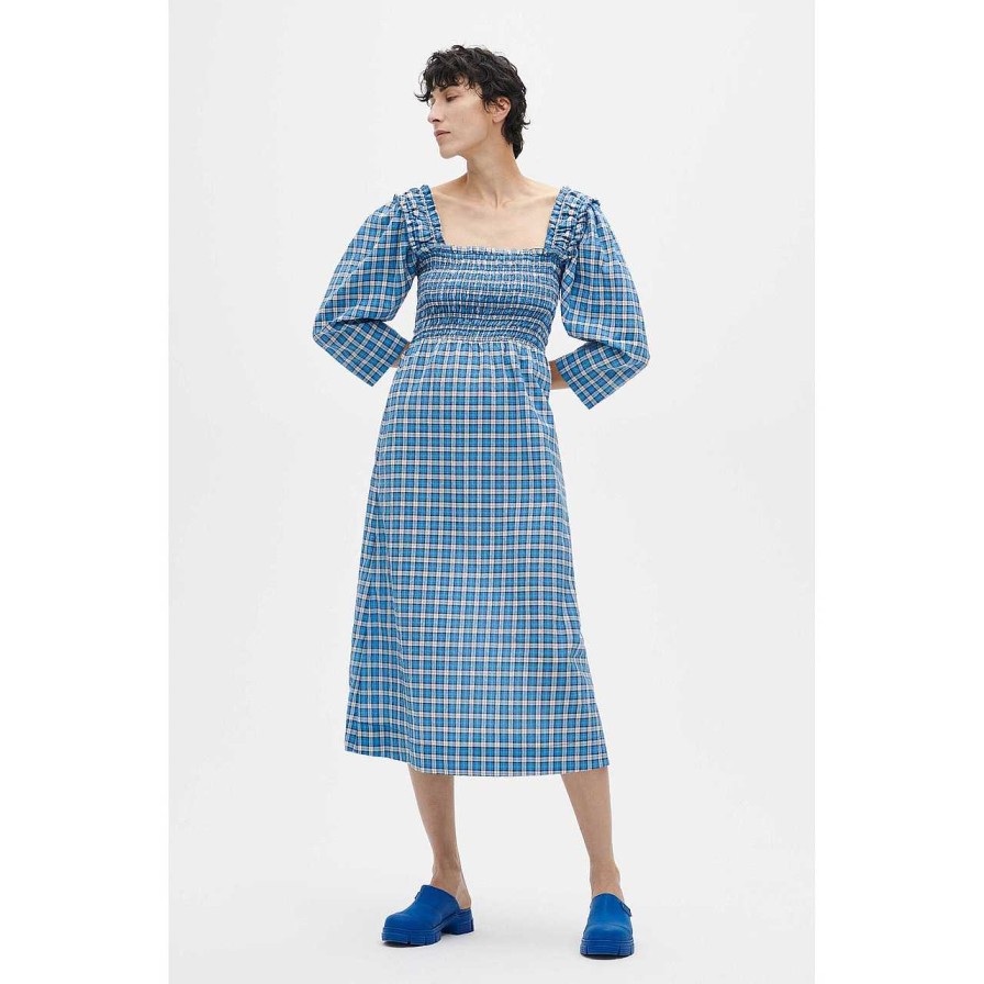 Clothing Ganni | Seersucker Midi Dress Check Azure Blue