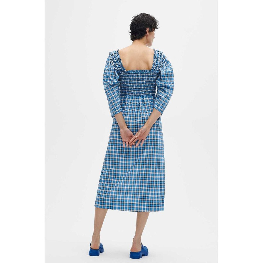 Clothing Ganni | Seersucker Midi Dress Check Azure Blue