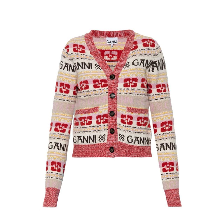 Clothing Ganni | Logo Wool Cardigan Multicolour