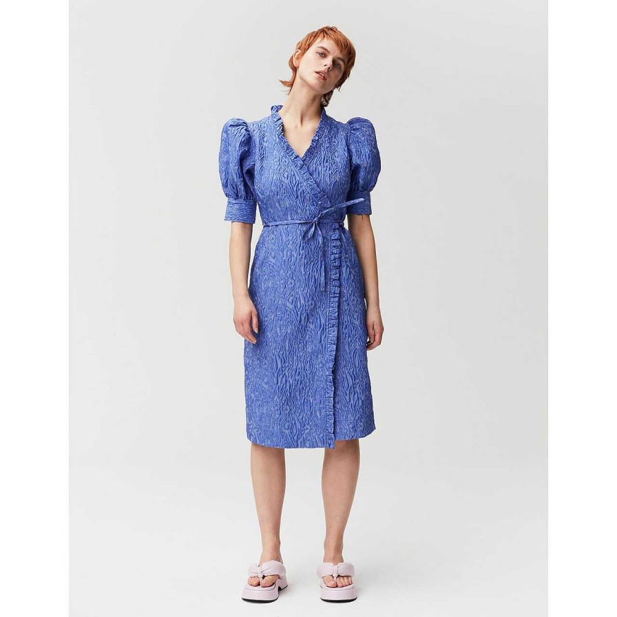 Clothing Ganni | 3D Jacquard Wrap Dress Blue Iris