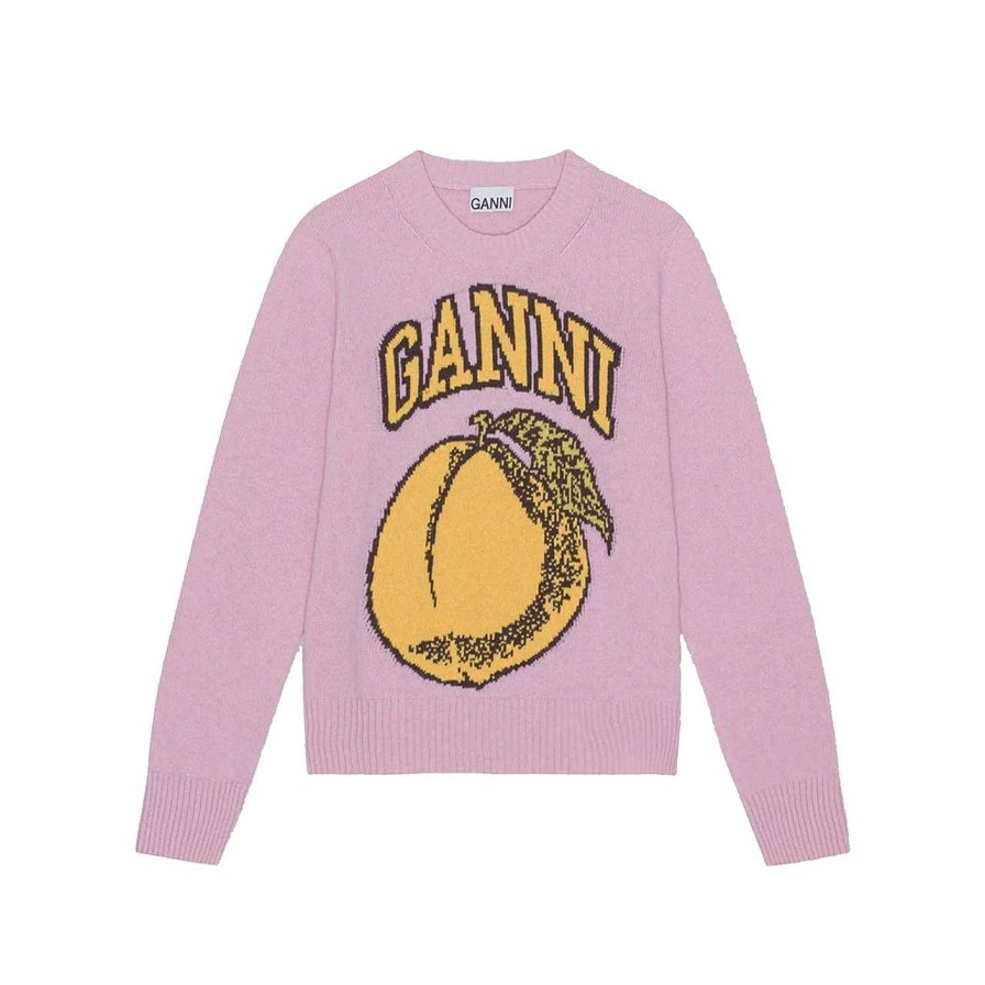 Clothing Ganni | Graphic Peach Sweater Coral Blush